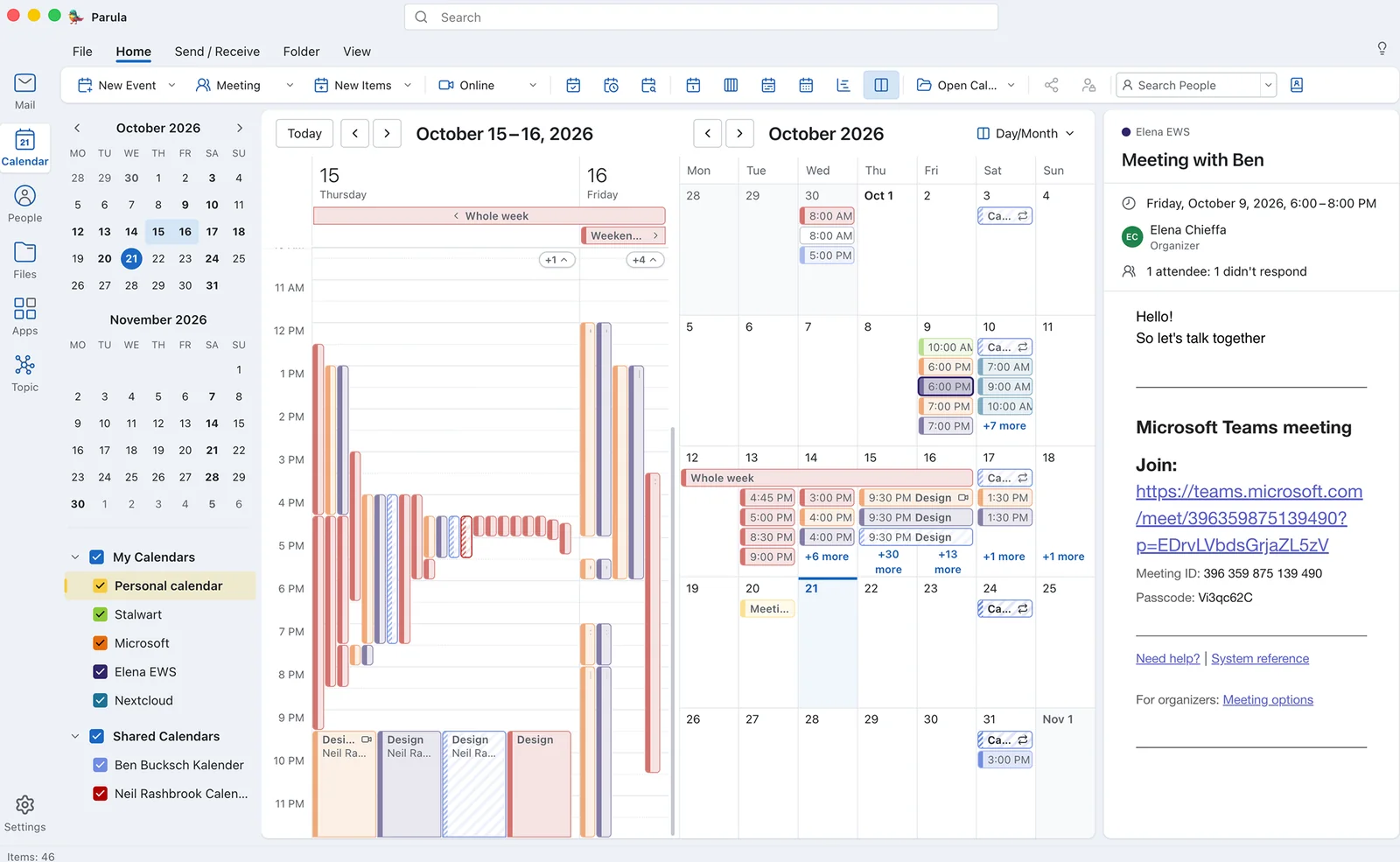 Parula Calendar: day and month view with personal, Stalwart, Microsoft, Exchange, Nextcloud and shared calendars