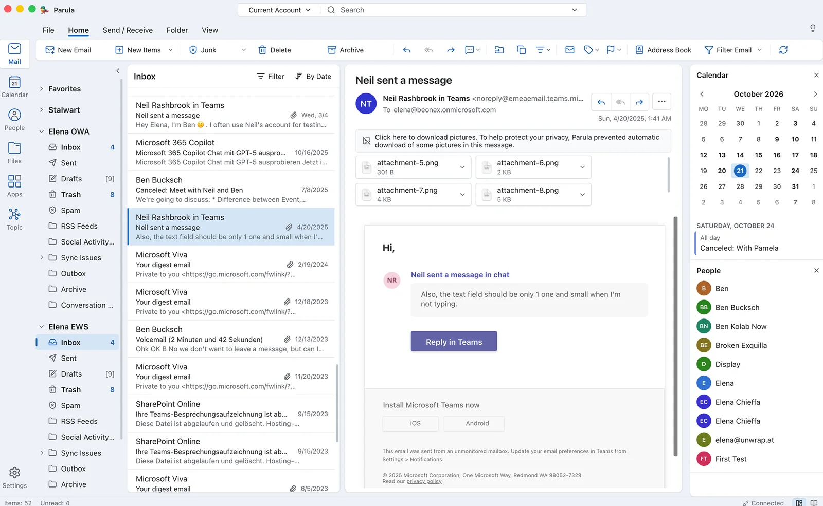 Parula Mail: ribbon, folder tree for several accounts, message list and reading pane