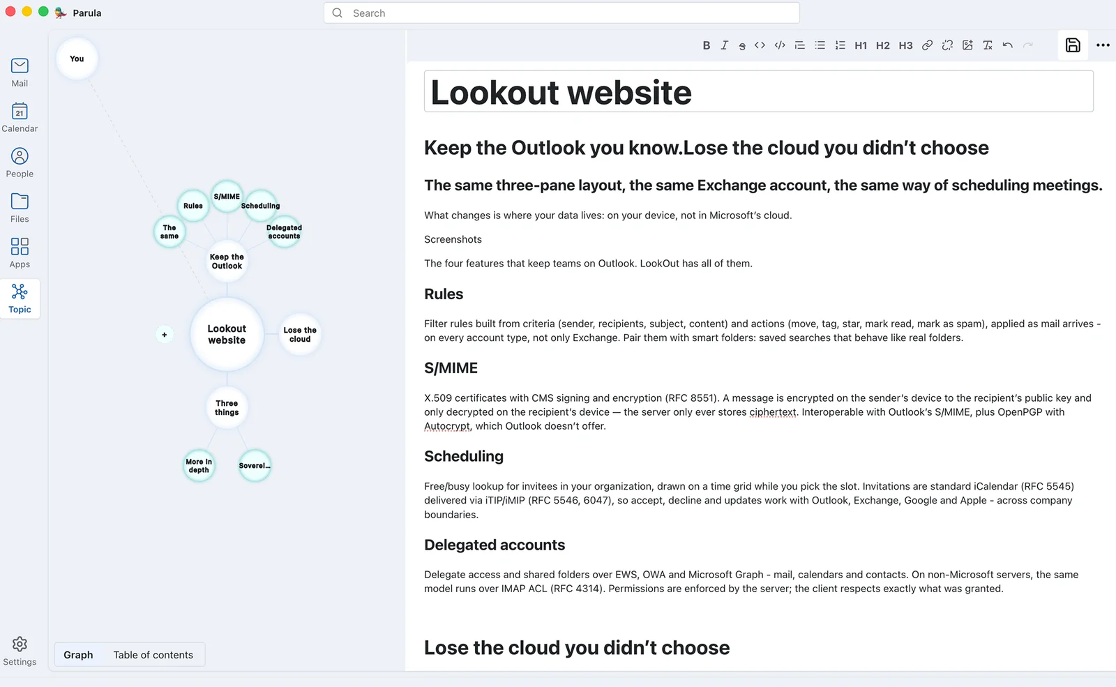 Parula Topics: a topic graph next to a rich-text note